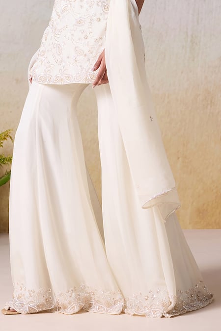 Mirroir_White Viscose, Crepe, Organza Floral Blossom Embroidered Kurta Sharara Set _Online_at_Aza_Fashions