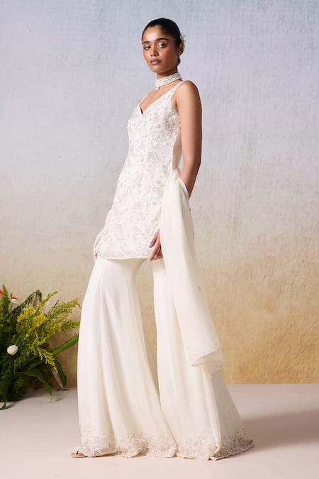 Buy_Mirroir_White Viscose, Crepe, Organza Floral Blossom Embroidered Kurta Sharara Set _Online_at_Aza_Fashions