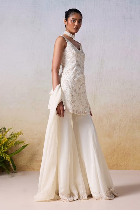 Shop_Mirroir_White Viscose, Crepe, Organza Floral Blossom Embroidered Kurta Sharara Set _Online_at_Aza_Fashions