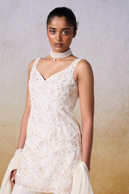 Mirroir_White Viscose, Crepe, Organza Floral Blossom Embroidered Kurta Sharara Set _at_Aza_Fashions