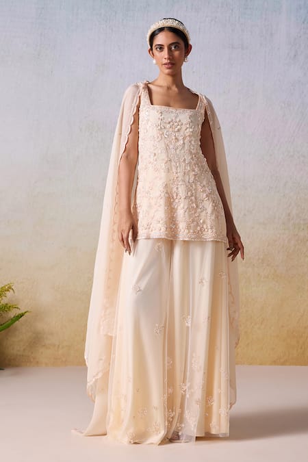 Mirroir Peach Viscose Organza Embroidered Sequin Square 3d Floral Kurta Sharara Set 