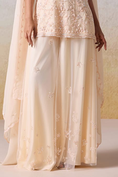 Mirroir Peach Net, Viscose, Crepe, Organza 3d Floral Embroidered Kurta Sharara Set Online at Aza Fashions Mirroir_Peach Net, Viscose, Crepe, Organza 3d Floral Embroidered Kurta Sharara Set _Online_at_Aza_Fashions