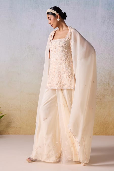 Buy Mirroir Peach Net, Viscose, Crepe, Organza 3d Floral Embroidered Kurta Sharara Set Online at Aza Fashions Buy_Mirroir_Peach Net, Viscose, Crepe, Organza 3d Floral Embroidered Kurta Sharara Set _Online_at_Aza_Fashions
