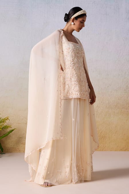 Shop Mirroir Peach Net, Viscose, Crepe, Organza 3d Floral Embroidered Kurta Sharara Set Online at Aza Fashions Shop_Mirroir_Peach Net, Viscose, Crepe, Organza 3d Floral Embroidered Kurta Sharara Set _Online_at_Aza_Fashions