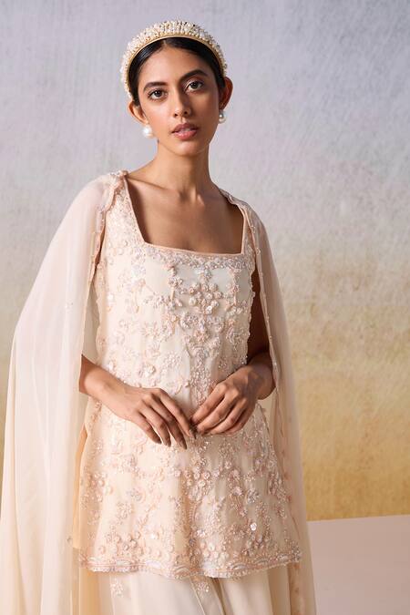 Mirroir Peach Net, Viscose, Crepe, Organza 3d Floral Embroidered Kurta Sharara Set at Aza Fashions Mirroir_Peach Net, Viscose, Crepe, Organza 3d Floral Embroidered Kurta Sharara Set _at_Aza_Fashions