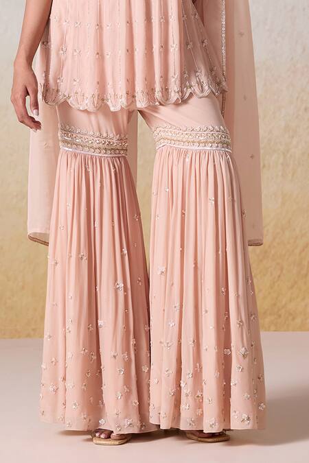 Mirroir_Pink Net, Viscose, Organza Sequins, Floral Vine Embroidered Anarkali Sharara Set _Online_at_Aza_Fashions
