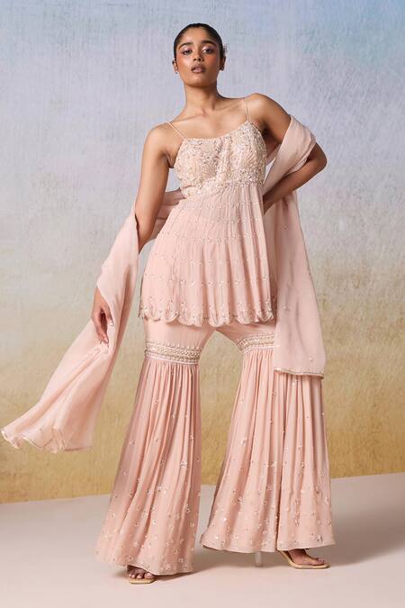 Shop_Mirroir_Pink Net, Viscose, Organza Sequins, Floral Vine Embroidered Anarkali Sharara Set _Online_at_Aza_Fashions