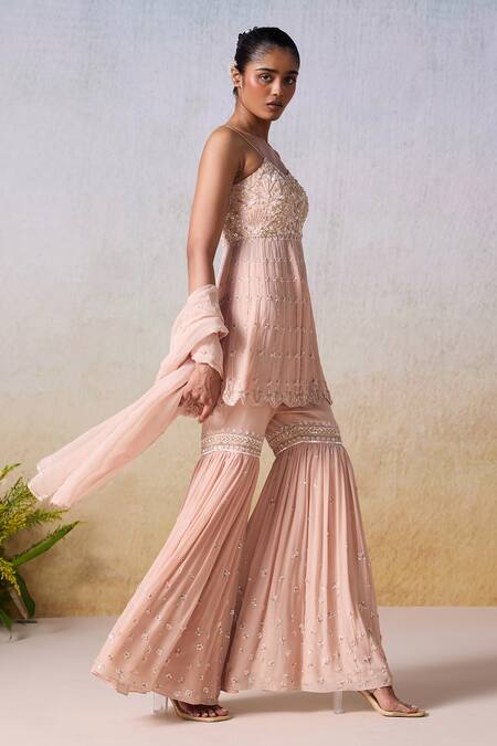 Mirroir_Pink Net, Viscose, Organza Sequins, Floral Vine Embroidered Anarkali Sharara Set _at_Aza_Fashions