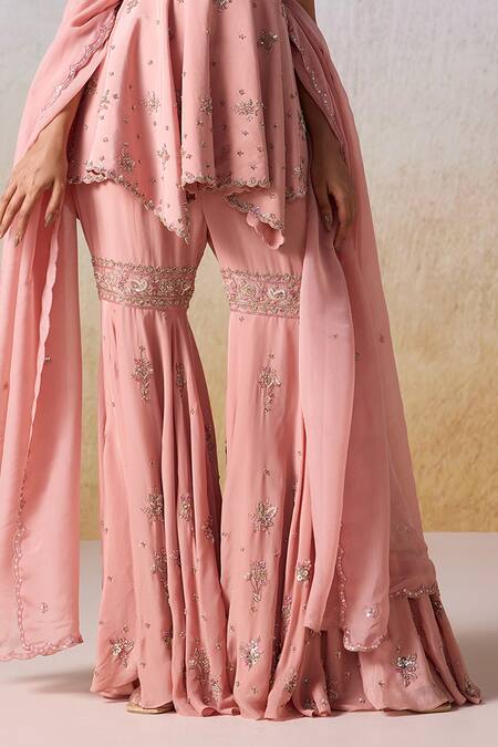 Mirroir_Pink Organza, Viscose, Floral Embroidered Asymmetric Peplum Kurta Sharara Set _Online_at_Aza_Fashions