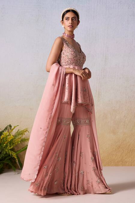 Buy_Mirroir_Pink Organza, Viscose, Floral Embroidered Asymmetric Peplum Kurta Sharara Set _Online_at_Aza_Fashions