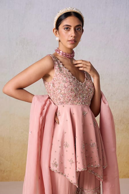 Shop_Mirroir_Pink Organza, Viscose, Floral Embroidered Asymmetric Peplum Kurta Sharara Set _Online_at_Aza_Fashions