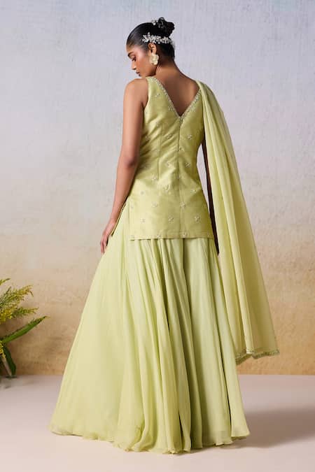 Shop Mirroir Green Viscose, Organza Sequins, Beads Stripe Embroidered Kurta Sharara Set at Aza Fashions Shop_Mirroir_Green Viscose, Organza Sequins, Beads Stripe Embroidered Kurta Sharara Set _at_Aza_Fashions