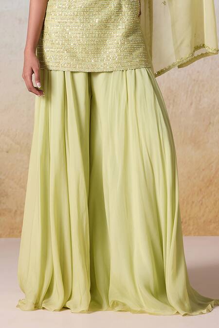 Mirroir Green Viscose, Organza Sequins, Beads Stripe Embroidered Kurta Sharara Set Online at Aza Fashions Mirroir_Green Viscose, Organza Sequins, Beads Stripe Embroidered Kurta Sharara Set _Online_at_Aza_Fashions