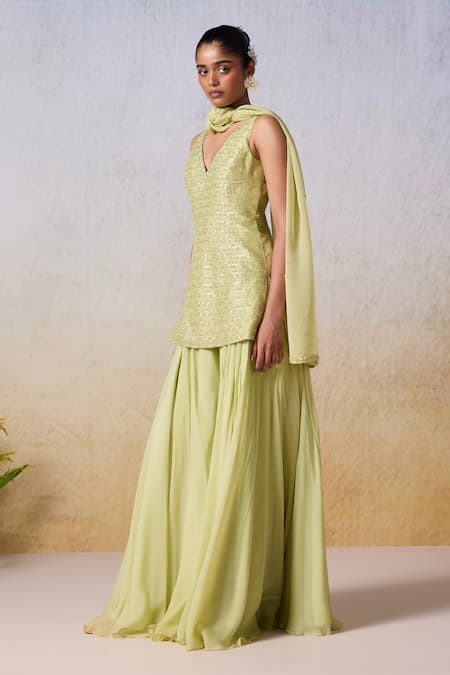 Buy Mirroir Green Viscose, Organza Sequins, Beads Stripe Embroidered Kurta Sharara Set Online at Aza Fashions Buy_Mirroir_Green Viscose, Organza Sequins, Beads Stripe Embroidered Kurta Sharara Set _Online_at_Aza_Fashions