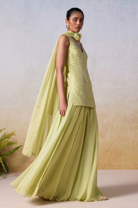 Shop Mirroir Green Viscose, Organza Sequins, Beads Stripe Embroidered Kurta Sharara Set Online at Aza Fashions Shop_Mirroir_Green Viscose, Organza Sequins, Beads Stripe Embroidered Kurta Sharara Set _Online_at_Aza_Fashions