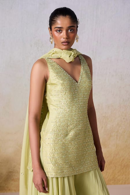 Mirroir Green Viscose, Organza Sequins, Beads Stripe Embroidered Kurta Sharara Set at Aza Fashions Mirroir_Green Viscose, Organza Sequins, Beads Stripe Embroidered Kurta Sharara Set _at_Aza_Fashions
