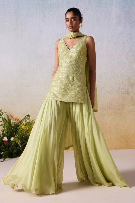 Buy Mirroir Green Viscose, Organza Sequins, Beads Stripe Embroidered Kurta Sharara Set Buy_Mirroir_Green Viscose, Organza Sequins, Beads Stripe Embroidered Kurta Sharara Set