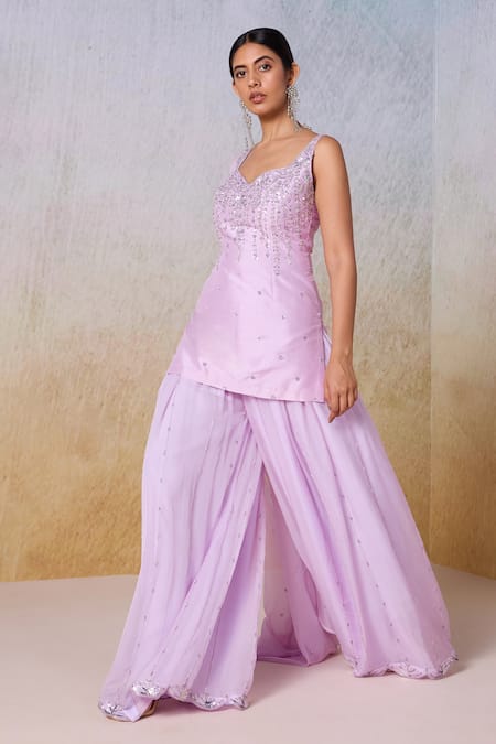 Buy Mirroir Purple Viscose, Organza Sequins, Beads Vine Embroidered Kurta Sharara Set Buy_Mirroir_Purple Viscose, Organza Sequins, Beads Vine Embroidered Kurta Sharara Set