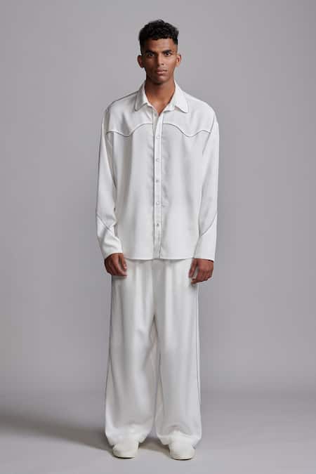 Dash And Dot_White Tencel Piping Contrast Piped Shirt With Pant _at_Aza_Fashions