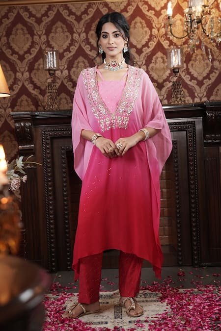 Buy_Surabhi Arya_Red Georgette, Chanderi Sequins, Floral Vine Embroidered Ombre Kaftan Pant Set 