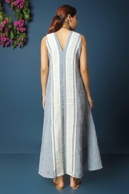 Shop Vasstram Blue Linen Embroidery V-neck Dhaara Stripe Pattern Dress at Aza Fashions Shop_Vasstram_Blue Linen Embroidery V-neck Dhaara Stripe Pattern Dress _at_Aza_Fashions