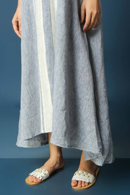 Vasstram Blue Linen Embroidery V-neck Dhaara Stripe Pattern Dress at Aza Fashions Vasstram_Blue Linen Embroidery V-neck Dhaara Stripe Pattern Dress _at_Aza_Fashions