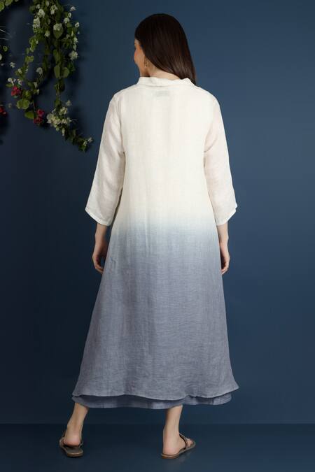 Shop_Vasstram_Blue Linen Embroidery Tassel Round Layered Ombre Dress _at_Aza_Fashions