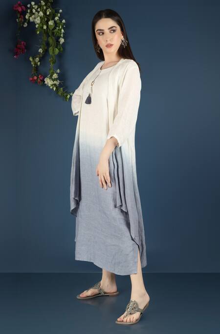 Vasstram_Blue Linen Embroidery Tassel Round Layered Ombre Dress _Online_at_Aza_Fashions