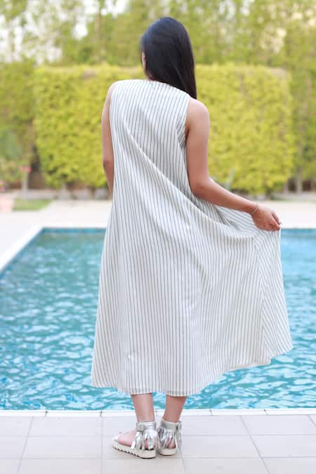 Shop Vasstram White Cotton Open Neck Leila Stripe Print Dress at Aza Fashions Shop_Vasstram_White Cotton Open Neck Leila Stripe Print Dress _at_Aza_Fashions