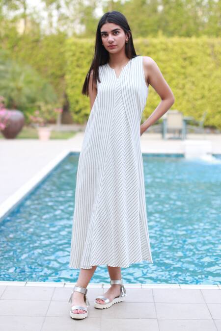Vasstram White Cotton Open Neck Leila Stripe Print Dress Online at Aza Fashions Vasstram_White Cotton Open Neck Leila Stripe Print Dress _Online_at_Aza_Fashions