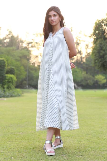 Buy Vasstram White Cotton Open Neck Leila Stripe Print Dress Online at Aza Fashions Buy_Vasstram_White Cotton Open Neck Leila Stripe Print Dress _Online_at_Aza_Fashions