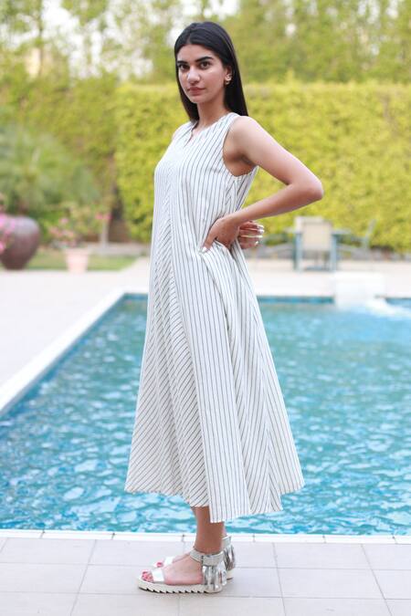 Shop Vasstram White Cotton Open Neck Leila Stripe Print Dress Online at Aza Fashions Shop_Vasstram_White Cotton Open Neck Leila Stripe Print Dress _Online_at_Aza_Fashions
