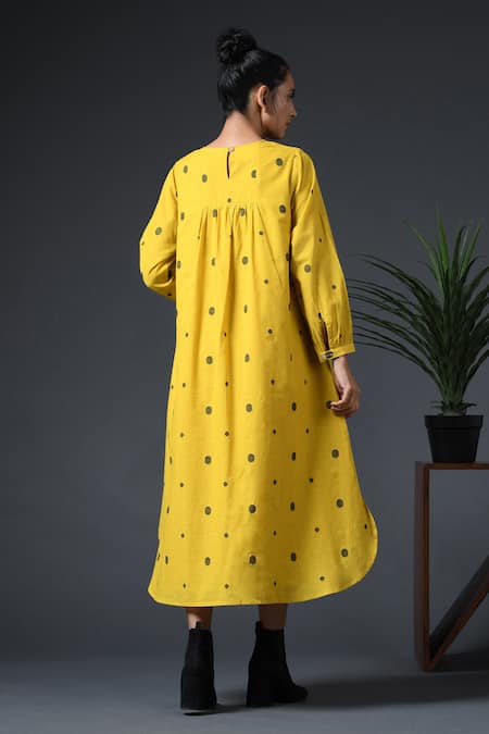 Shop_Vasstram_Yellow Cotton Round Neck Lily Polka Jamdani Woven Dress _at_Aza_Fashions