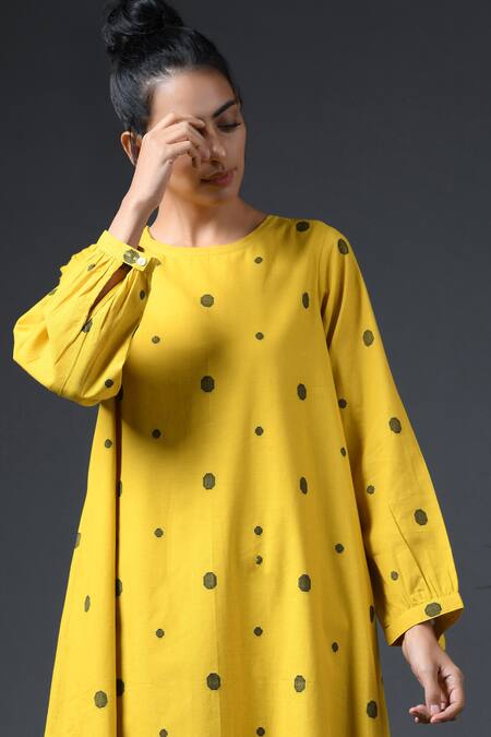 Vasstram_Yellow Cotton Round Neck Lily Polka Jamdani Woven Dress _Online_at_Aza_Fashions
