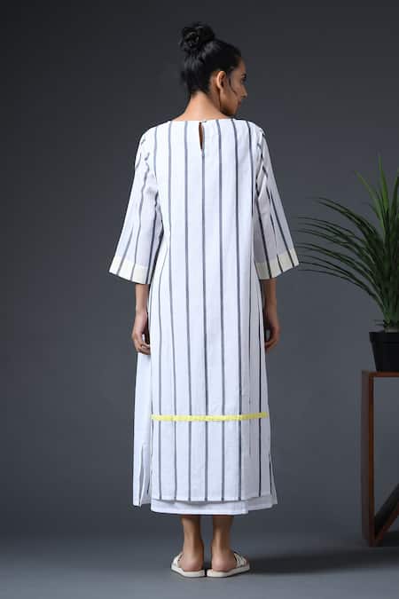 Shop Vasstram Yellow Cotton Round Neck Stripe Print Dress at Aza Fashions Shop_Vasstram_Yellow Cotton Round Neck Stripe Print Dress _at_Aza_Fashions