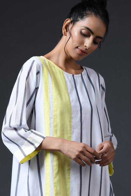 Vasstram Yellow Cotton Round Neck Stripe Print Dress Online at Aza Fashions Vasstram_Yellow Cotton Round Neck Stripe Print Dress _Online_at_Aza_Fashions