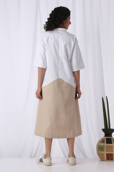 Shop_Vasstram_White Thick Cotton Plain Spread Collar Draped Panelled Colorblock Dress_at_Aza_Fashions