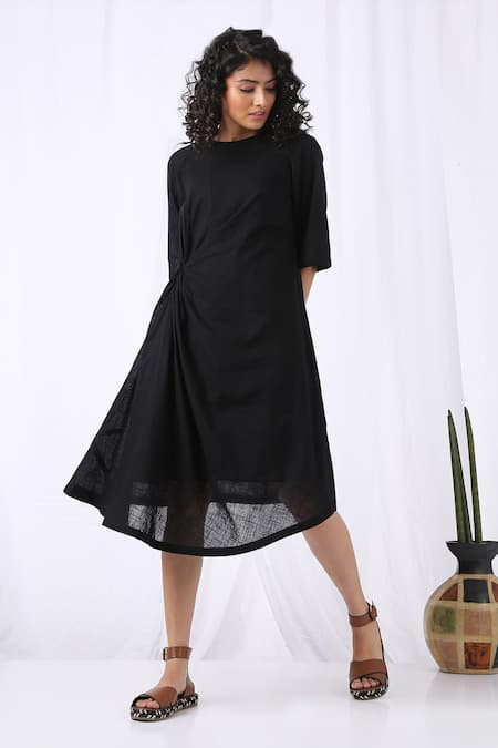 Vasstram_Black Cotton Round Neck Knotted Draped Dress_Online_at_Aza_Fashions