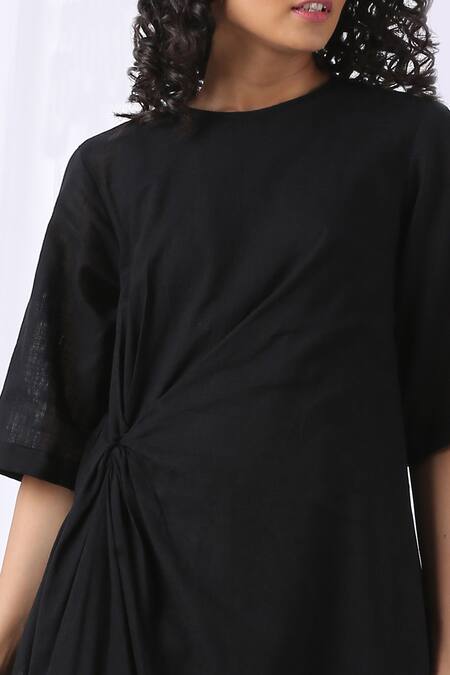 Buy_Vasstram_Black Cotton Round Neck Knotted Draped Dress_Online_at_Aza_Fashions