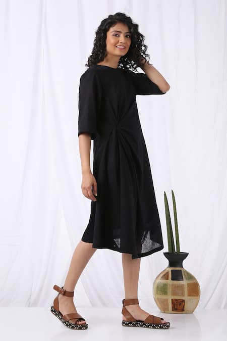 Shop_Vasstram_Black Cotton Round Neck Knotted Draped Dress_Online_at_Aza_Fashions