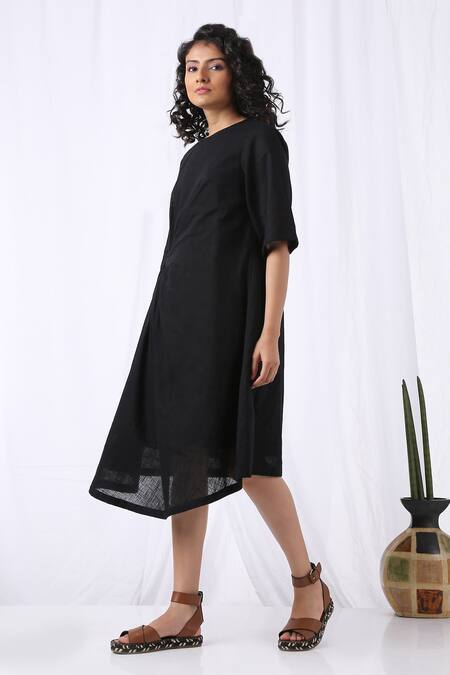 Vasstram_Black Cotton Round Neck Knotted Draped Dress_at_Aza_Fashions