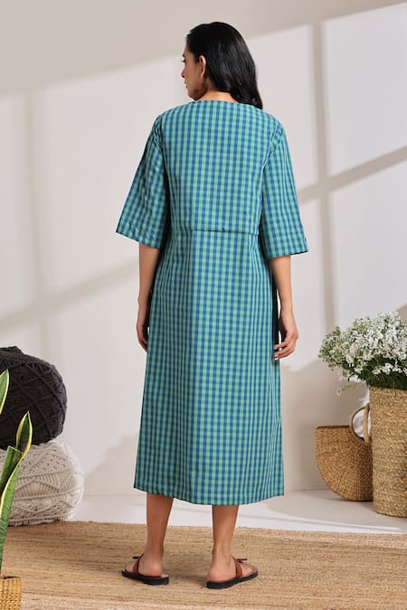 Shop_Vasstram_Green Cotton Round Neck Checkered Midi Dress _at_Aza_Fashions