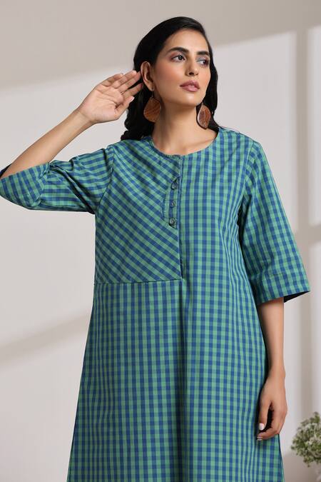 Buy_Vasstram_Green Cotton Round Neck Checkered Midi Dress _Online_at_Aza_Fashions