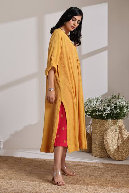 Shop_Vasstram_Yellow Cotton, Crepe V-neck Rangeela Textured Tunic Dress _Online_at_Aza_Fashions