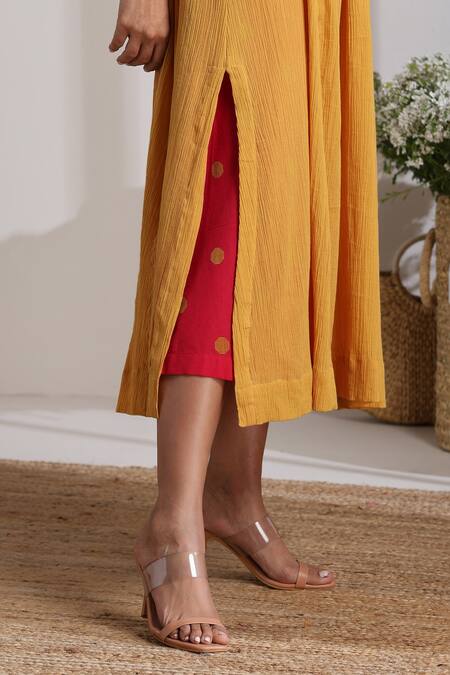 Vasstram_Yellow Cotton, Crepe V-neck Rangeela Textured Tunic Dress _at_Aza_Fashions