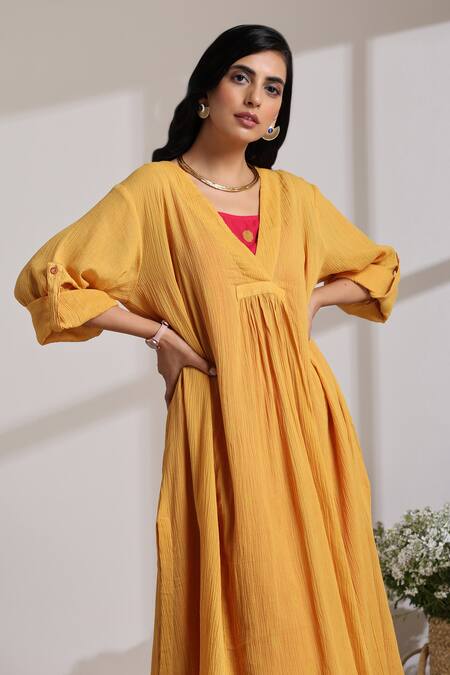 Buy_Vasstram_Yellow Cotton, Crepe V-neck Rangeela Textured Tunic Dress 