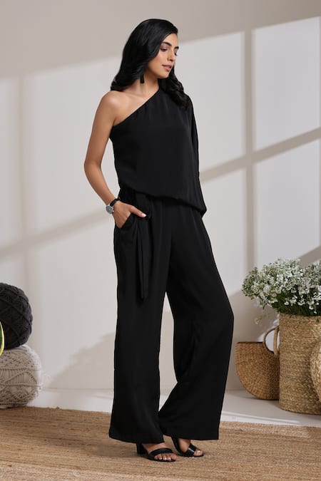 Vasstram_Black Crepe One Shoulder Solid Draped Jumpsuit _Online_at_Aza_Fashions