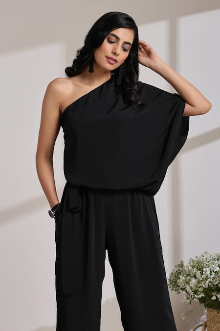 Buy_Vasstram_Black Crepe One Shoulder Solid Draped Jumpsuit _Online_at_Aza_Fashions