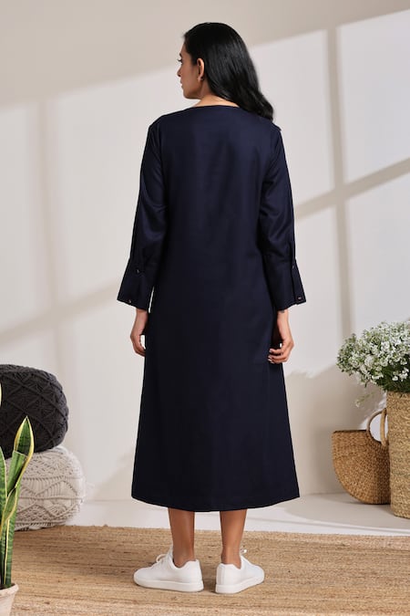 Shop_Vasstram_Blue Cotton Split V-neck Solid Pleated Waist Dress _at_Aza_Fashions