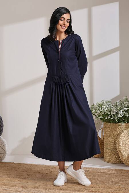 Shop_Vasstram_Blue Cotton Split V-neck Solid Pleated Waist Dress _Online_at_Aza_Fashions